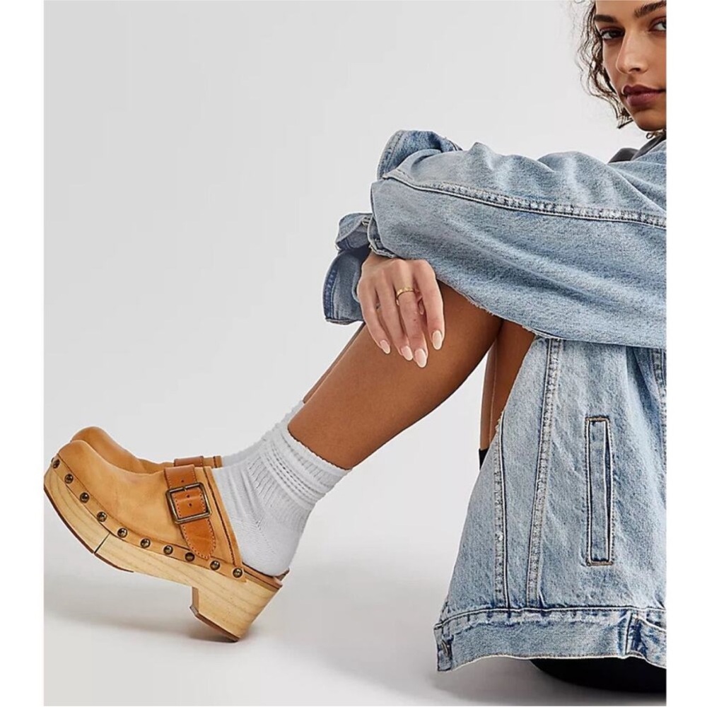 Free People Tan Leather Buckled Clog with Wood Platform